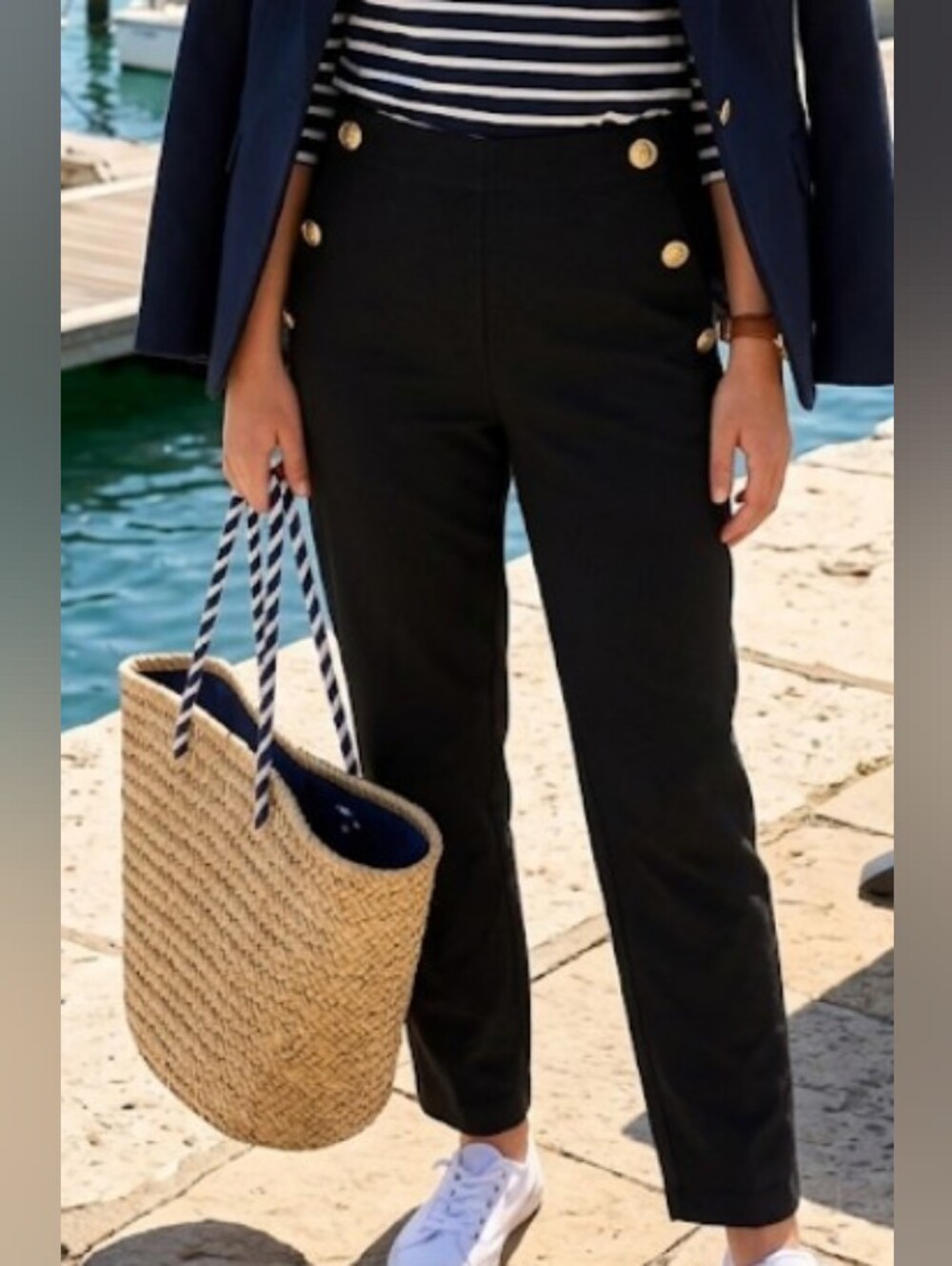 Zara Black Cropped Sailor Pants w/ Gold Buttons (M) Nautical Maritime Classic